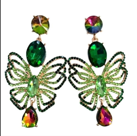 Butterfly Rhinestone Fashion Earrings Green Multicolored - Picture 2 of 2